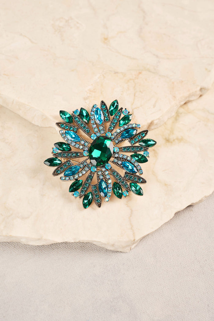 Flower Dia Cluster Brooch - Green