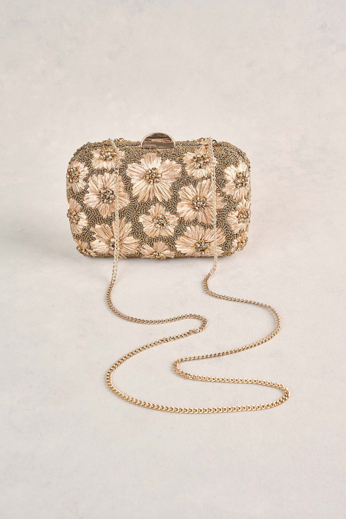 Flower Embellished Clutch - Gold