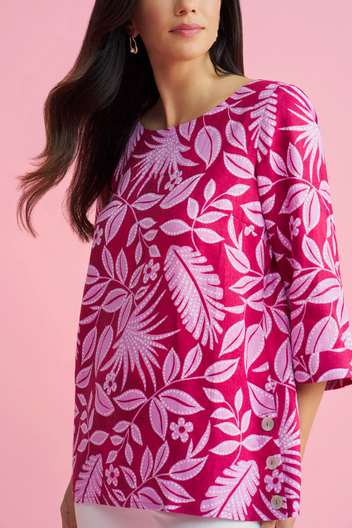 French Linen Button Detail Top - Holiday Print