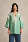 French Linen Tassel Kaftan - Gold Border Print