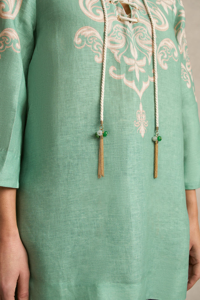 French Linen Tassel Kaftan - Gold Border Print