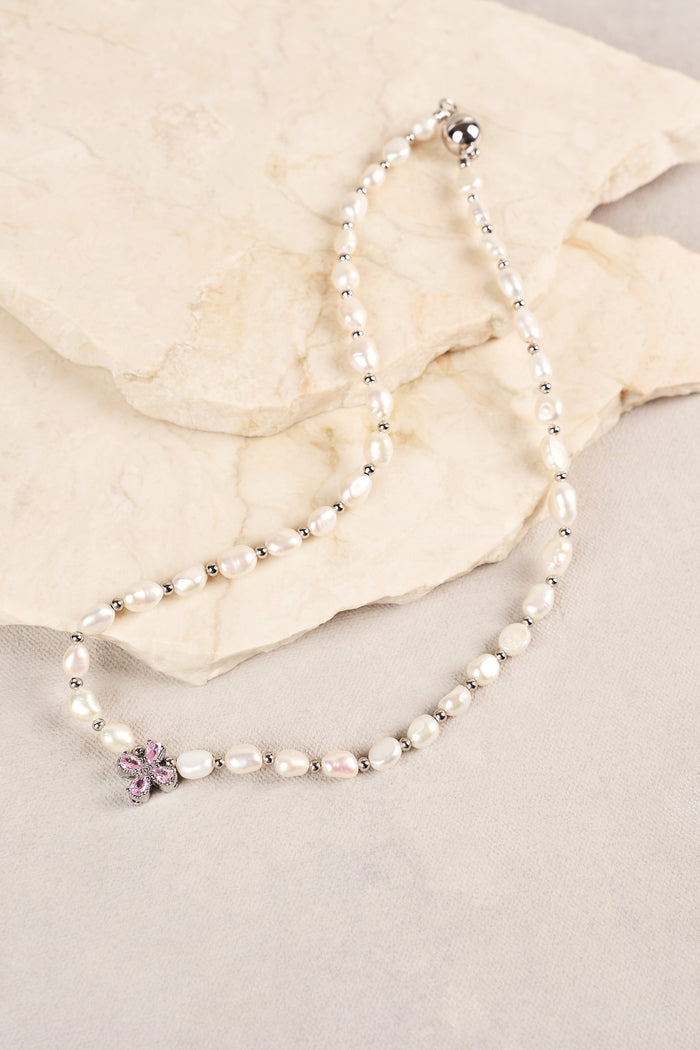 Freshwater Pearl Clover Necklace - Silver