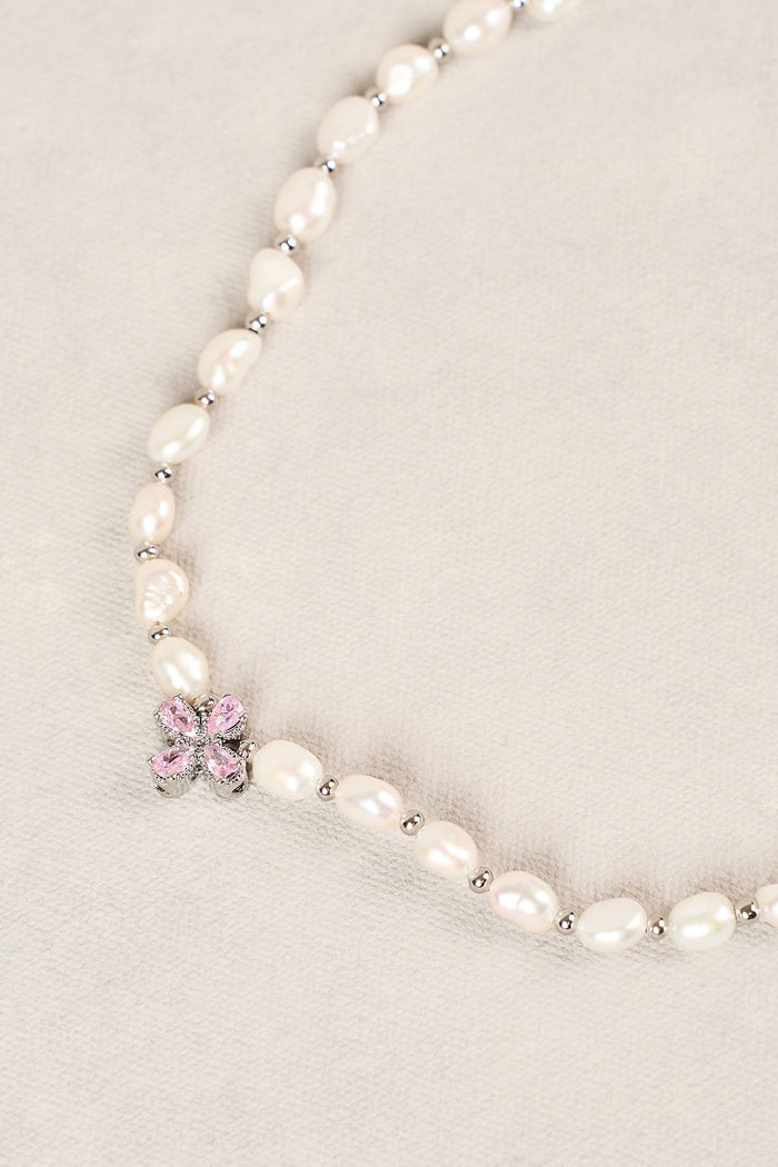Freshwater Pearl Clover Necklace - Silver