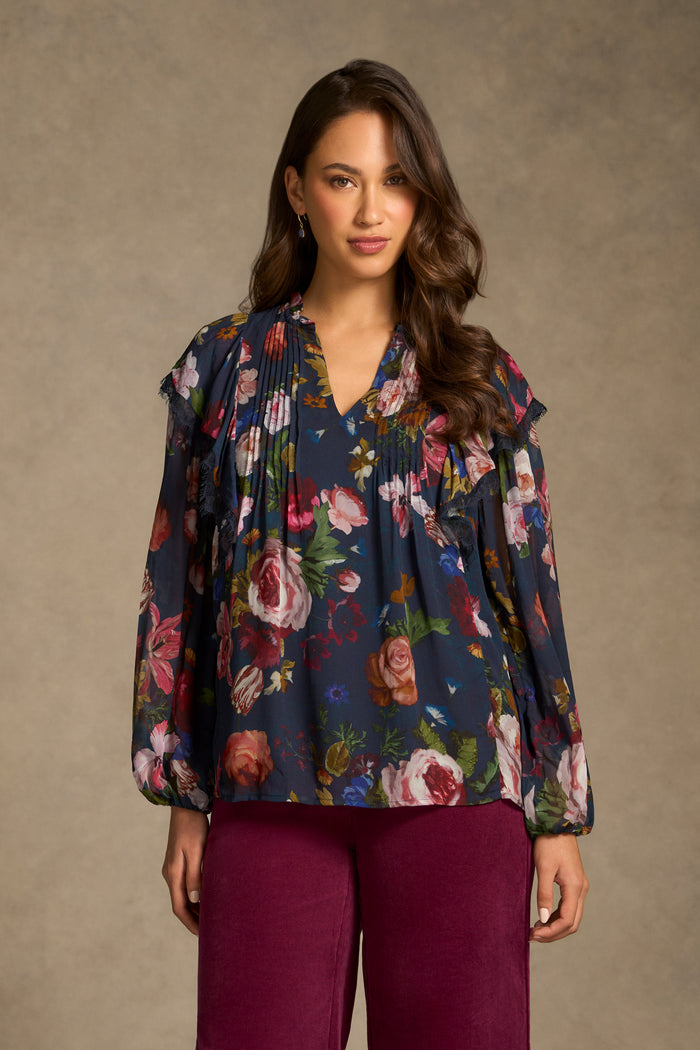 Frill Detail Printed Blouse - Ink Botanic Print