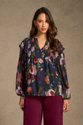 Frill Detail Printed Blouse - Ink Botanic Print