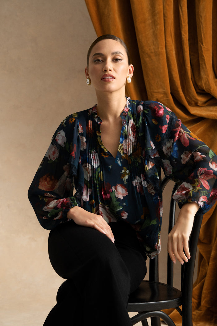 Frill Detail Printed Blouse - Ink Botanic Print