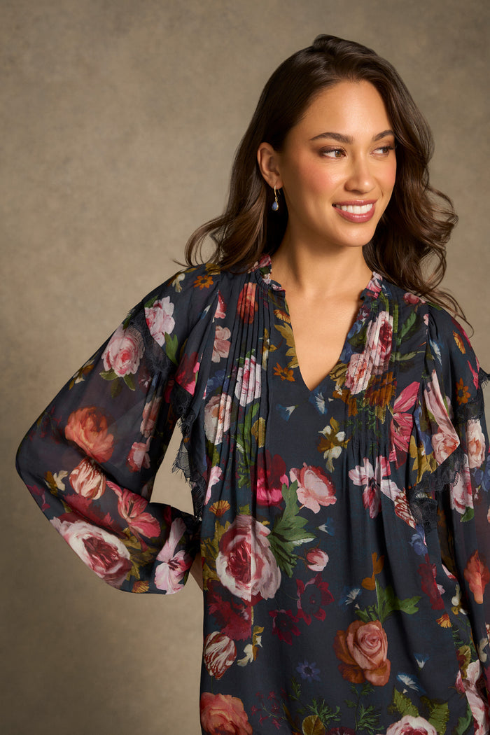 Frill Detail Printed Blouse - Ink Botanic Print