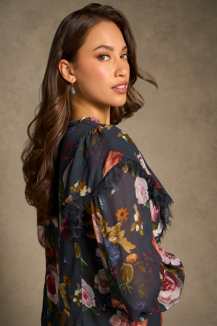 Frill Detail Printed Blouse - Ink Botanic Print