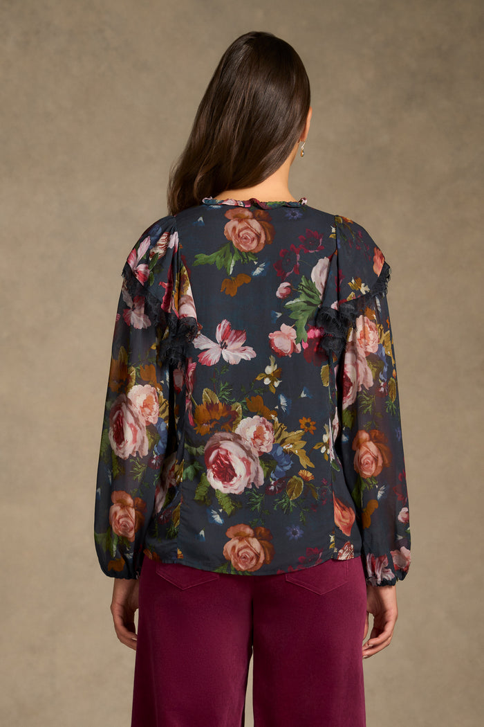 Frill Detail Printed Blouse - Ink Botanic Print
