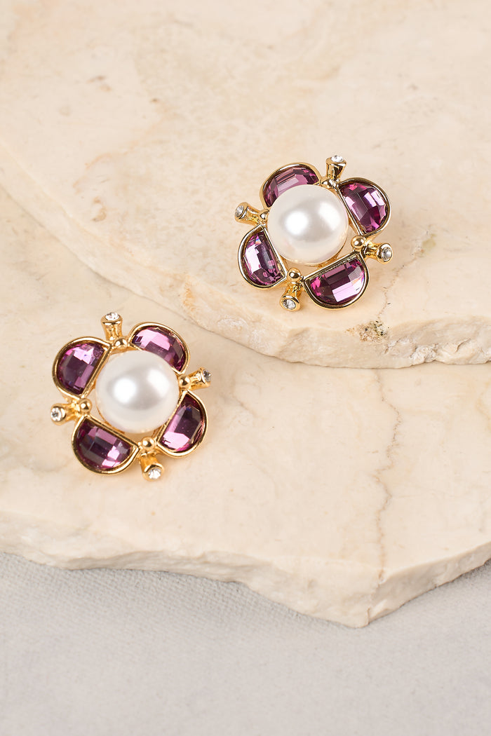 Gem and Pearl Studs - Gold