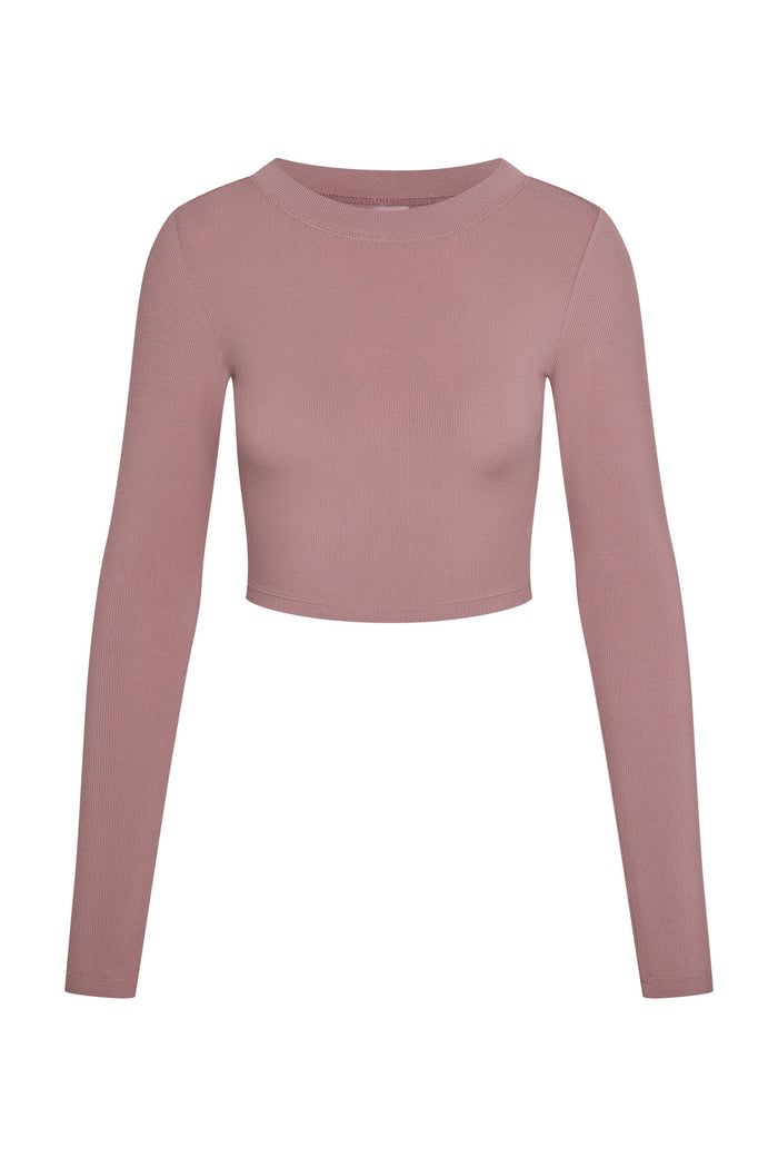 Front view of Hayworth long-sleeve cropped top showcasing mauve lightweight rib fabric and crew neckline on white background