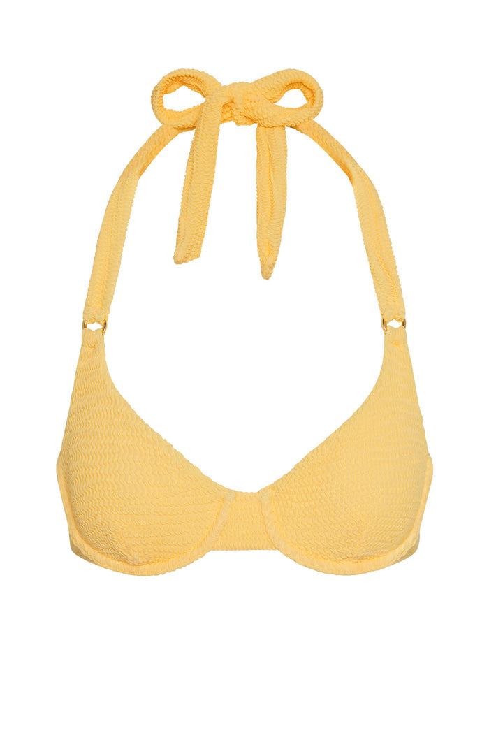 Close-up front of Honolulu Top in Honey Crinkle showcasing crinkle texture, molded underwire cups and halter neck tie on white background