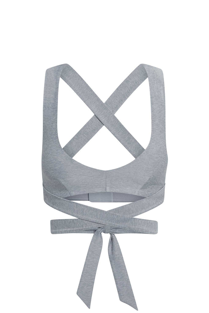 Back view of Hudson Bra in heather grey showcasing crossed straps and wrap-tie closure on white background