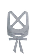 Back view of Hudson Bra in heather grey showcasing crossed straps and wrap-tie closure on white background