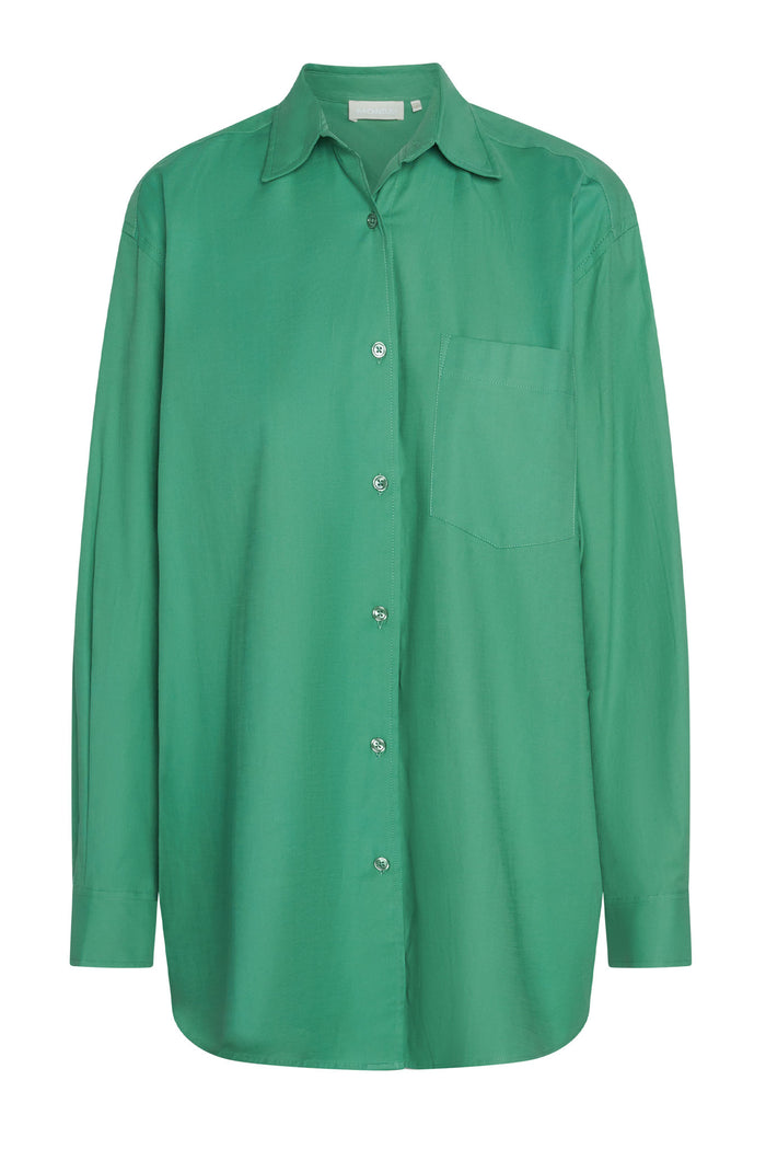 Green long-sleeve button-up shirt with chest pocket, collar label reading "MONDAY".