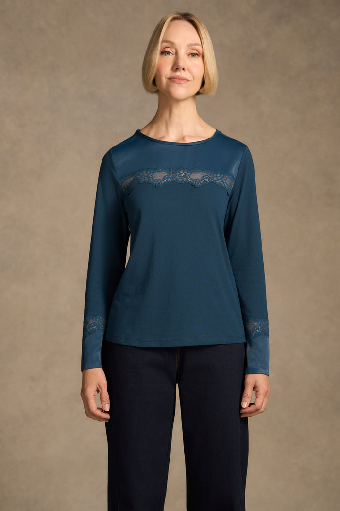 Lace Insert T-Shirt - Steel Blue