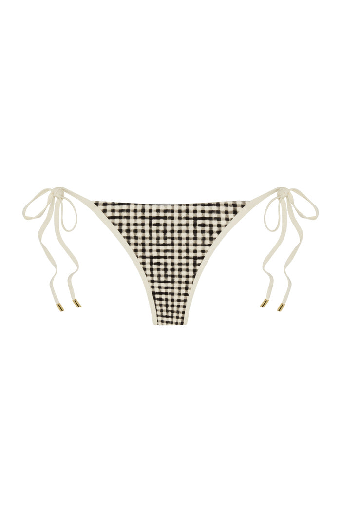 Front view of Le Marais Bottom in Black Gingham showing tie-side bikini with gold hardware on white background