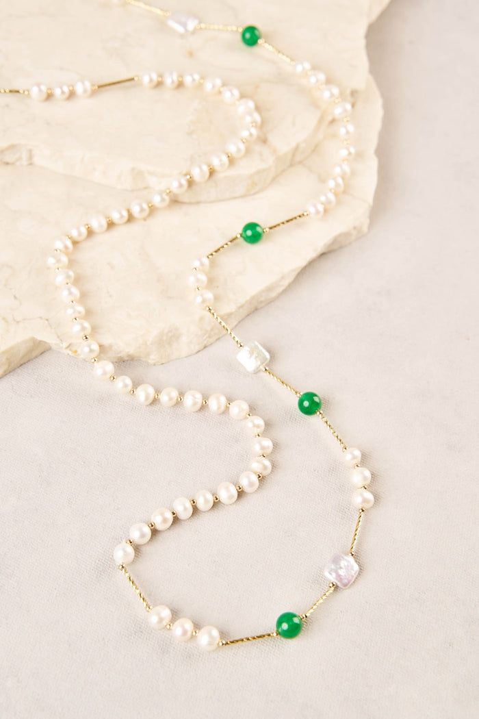 Long Flat Pearl Bead Necklace - Green