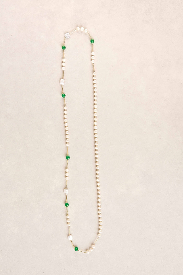 Long Flat Pearl Bead Necklace - Green