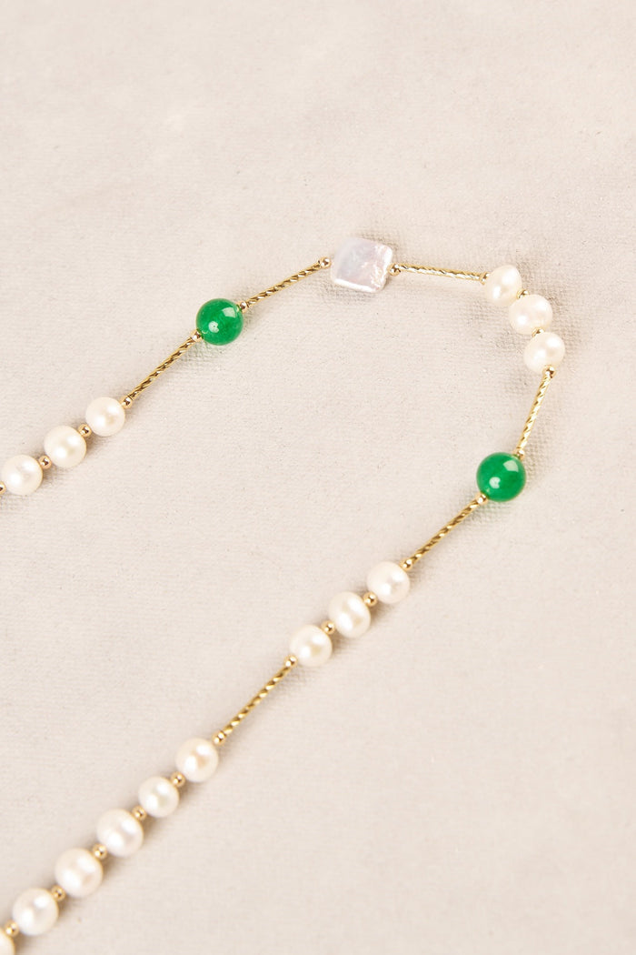 Long Flat Pearl Bead Necklace - Green