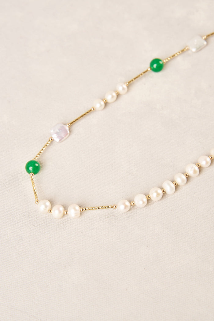 Long Flat Pearl Bead Necklace - Green