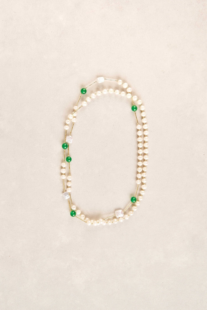 Long Flat Pearl Bead Necklace - Green