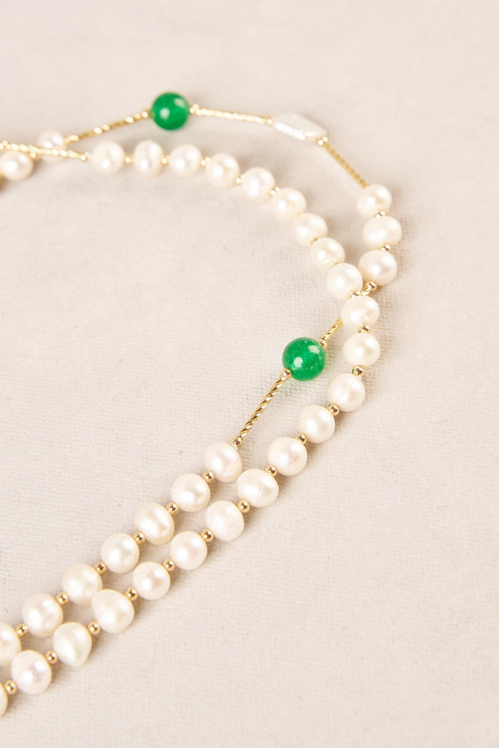 Long Flat Pearl Bead Necklace - Green