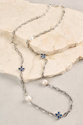 Long Pearl Link Clover Necklace - Blue