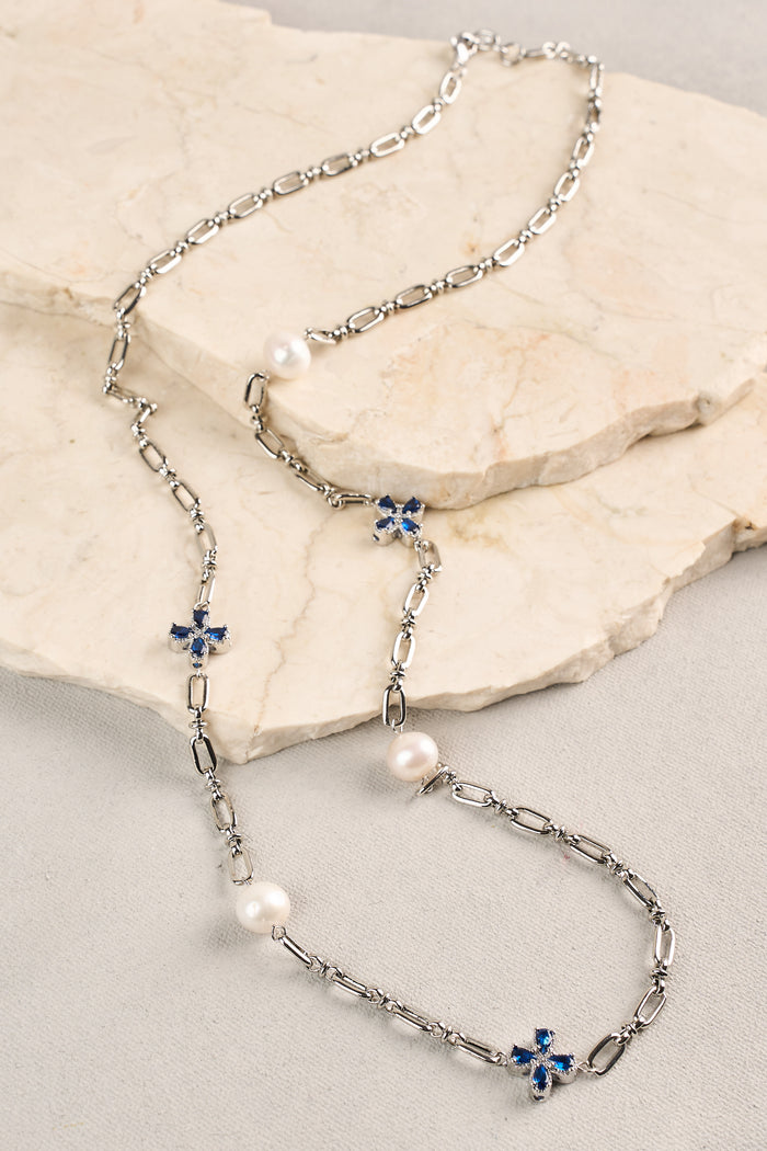 Long Pearl Link Clover Necklace - Blue