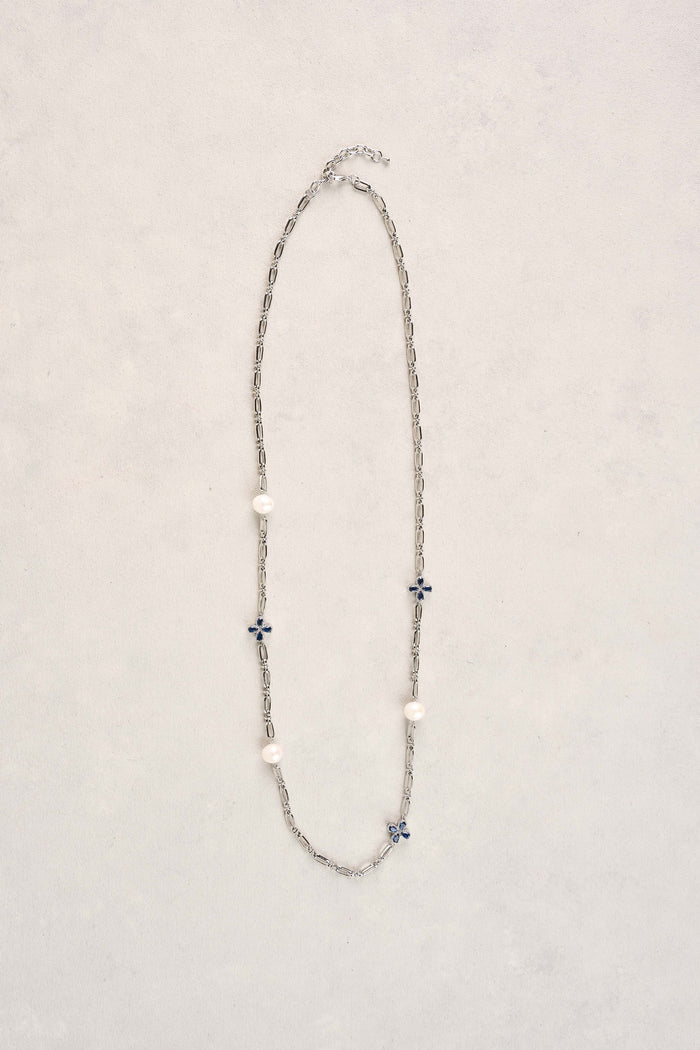 Long Pearl Link Clover Necklace - Blue