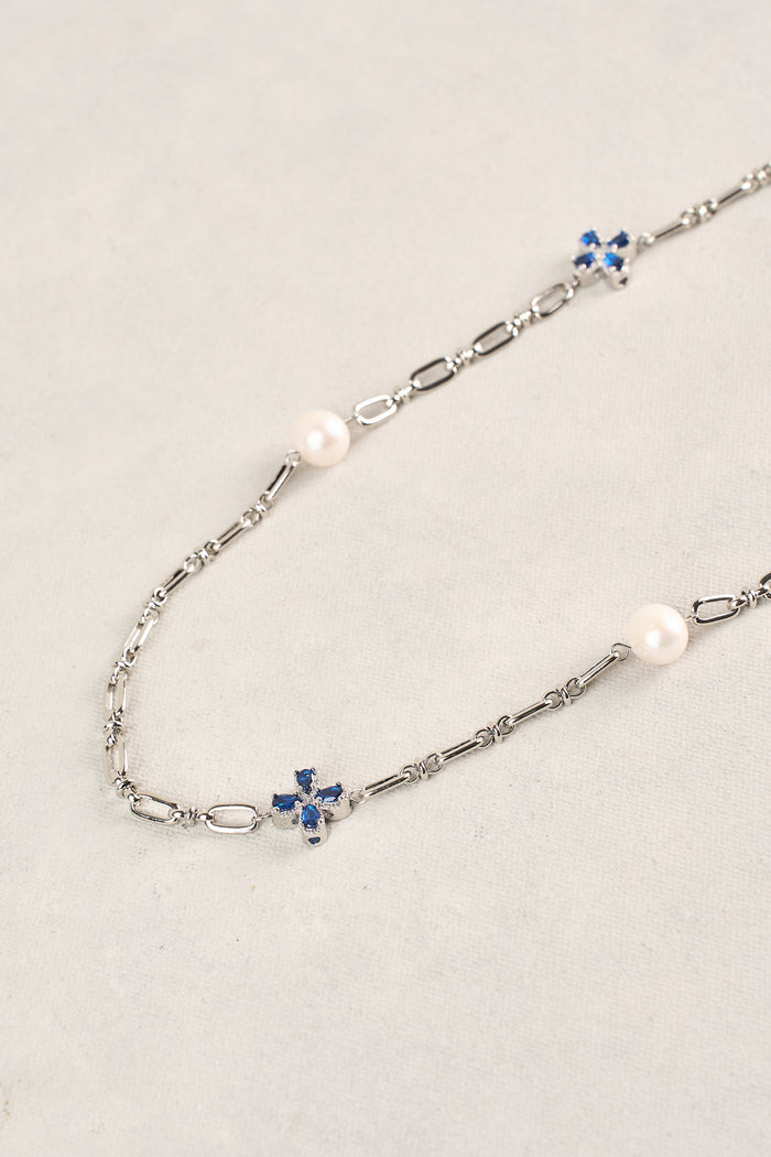 Long Pearl Link Clover Necklace - Blue