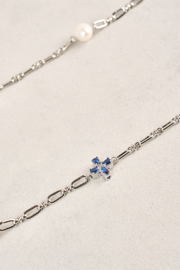 Long Pearl Link Clover Necklace - Blue