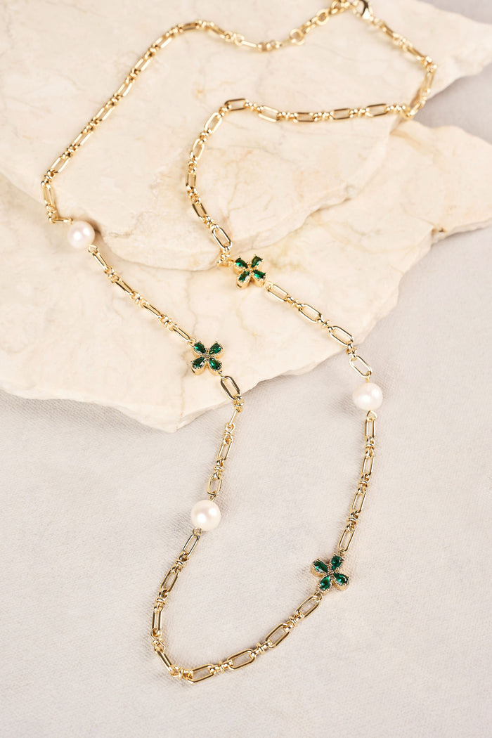 Long Pearl Link Clover Necklace - Green