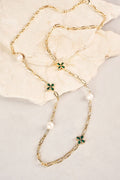 Long Pearl Link Clover Necklace - Green