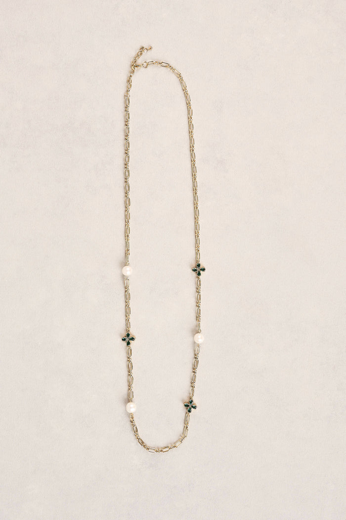 Long Pearl Link Clover Necklace - Green