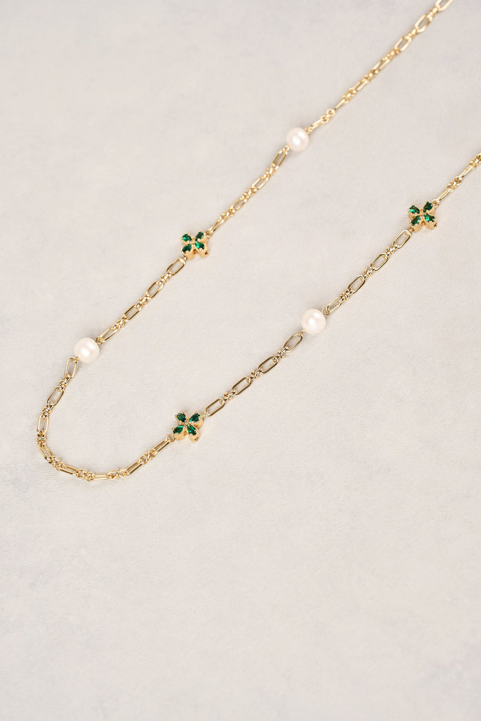 Long Pearl Link Clover Necklace - Green