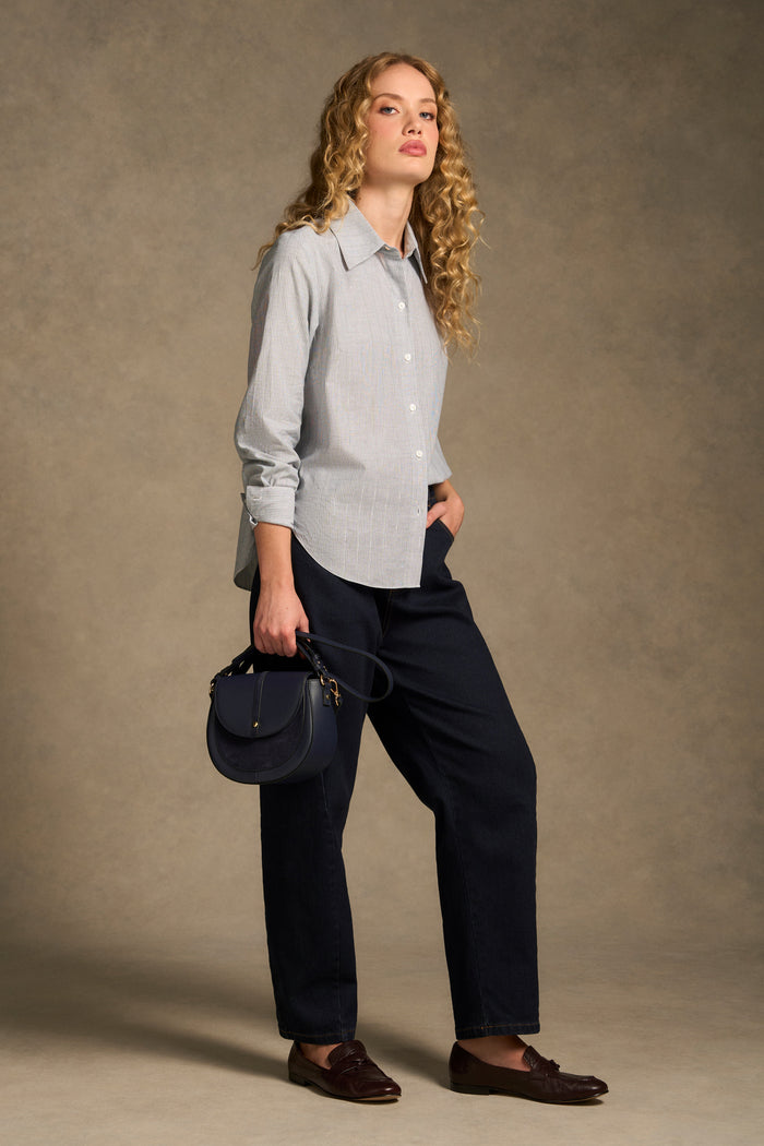 Lurex Stripe Shirred Shirt - Navy & White Pinstripe