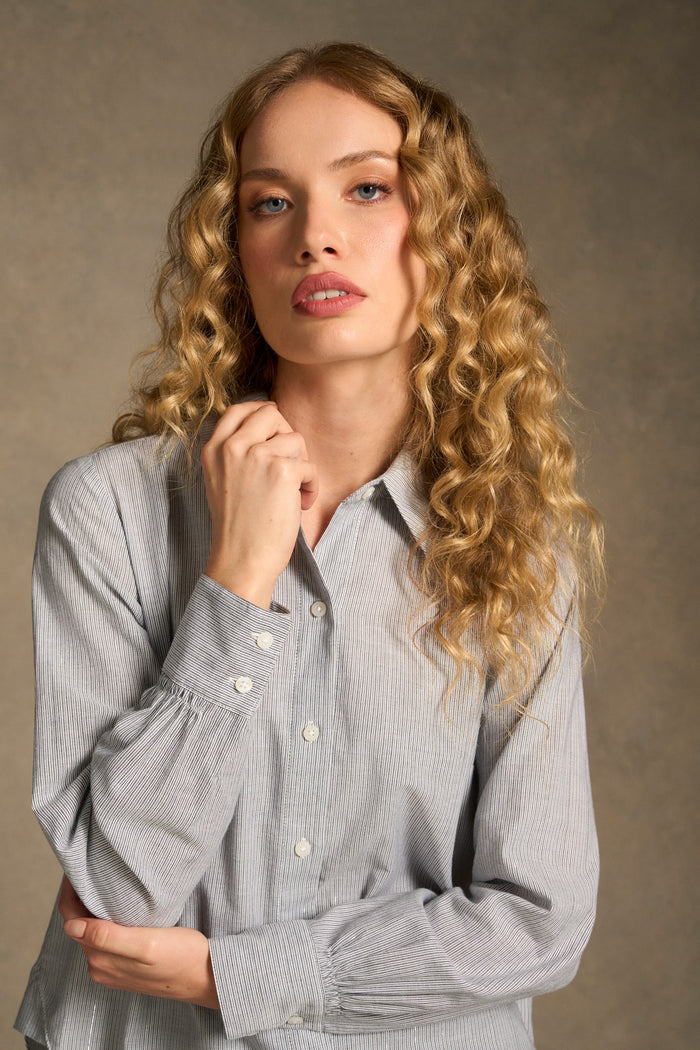Lurex Stripe Shirred Shirt - Navy & White Pinstripe