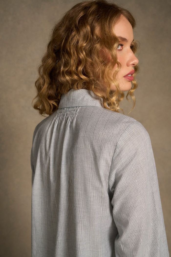 Lurex Stripe Shirred Shirt - Navy & White Pinstripe