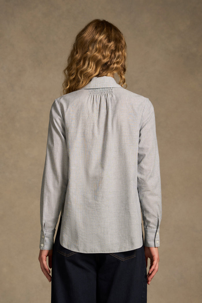 Lurex Stripe Shirred Shirt - Navy & White Pinstripe