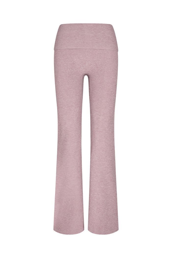 Back view of Melrose Flared Legging in Heather Mauve showcasing high-rise waistband and flared legs on white background