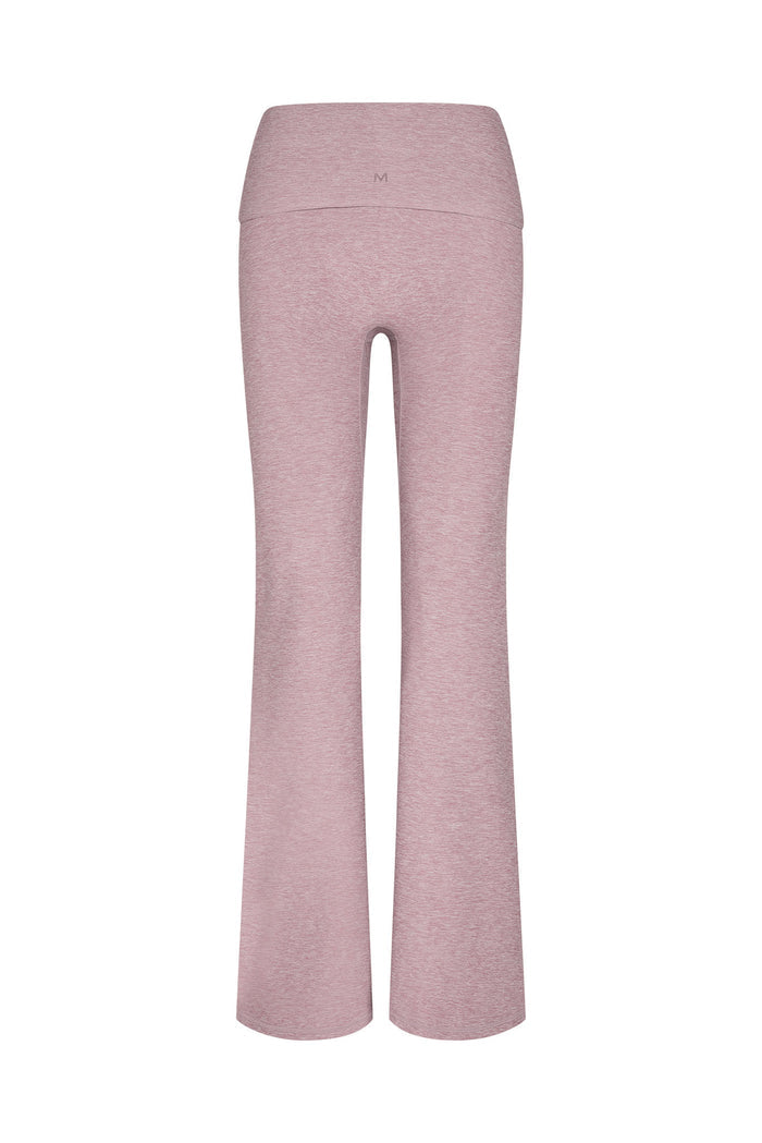Back view of Melrose Flared Legging in Heather Mauve showing high-rise foldover waistband, center-back M logo and flared legs