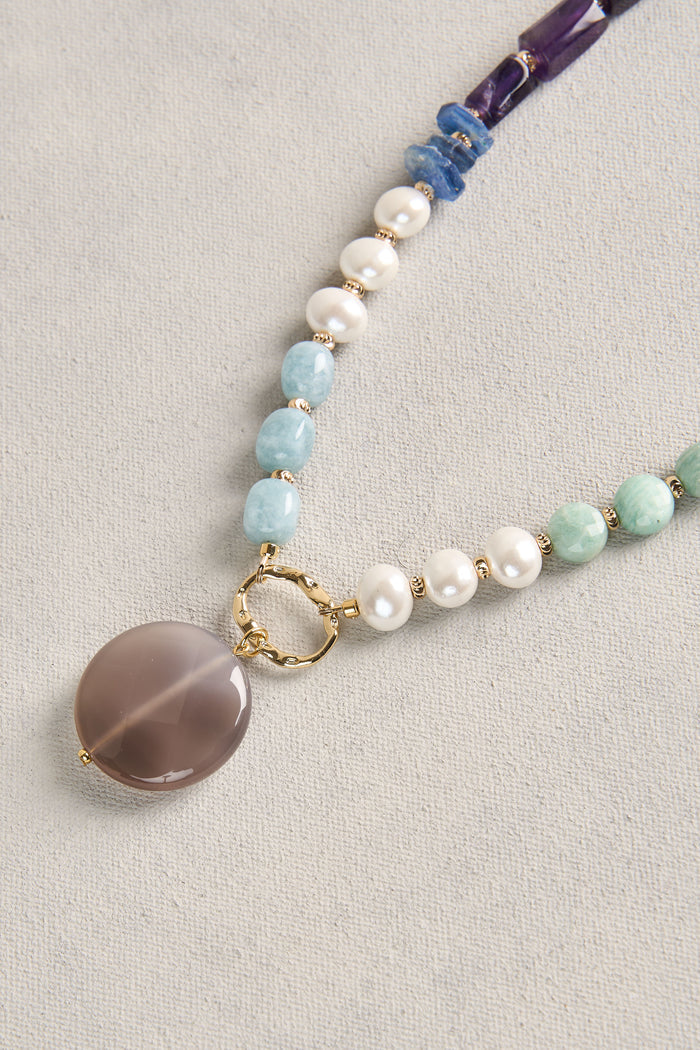 Mixed Bead Pendant Necklace - Blue Multi