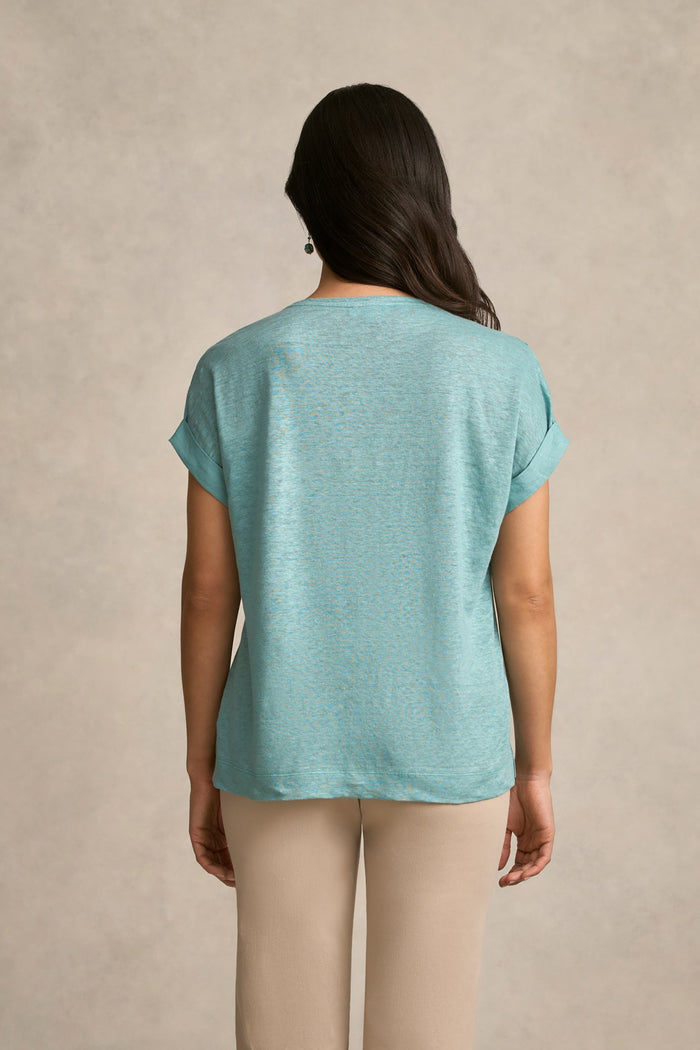 Mixed Linen Floral T-Shirt - Ocean Blue