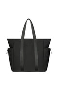 Front view of Monday Body Tote Bag in black neoprene with tonal MONDAY embroidery, long straps and side drawcord pockets