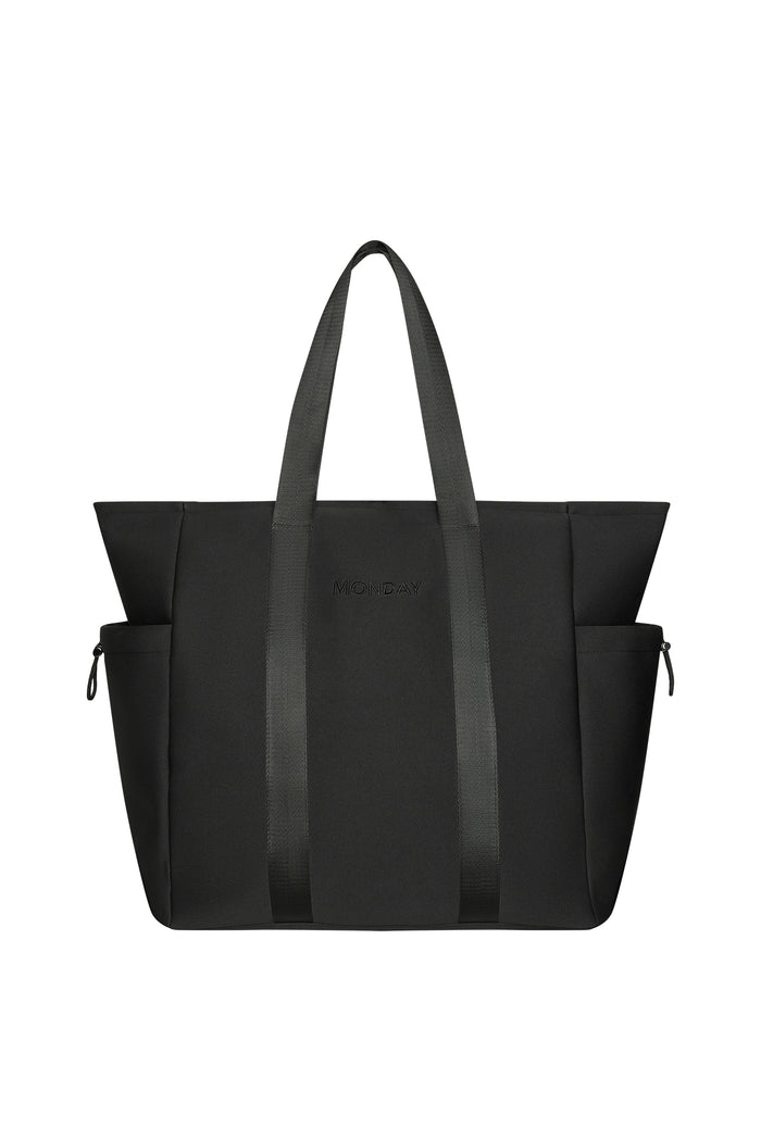 Front view of Monday Body Tote Bag in black neoprene with tonal MONDAY embroidery, long straps and side drawcord pockets