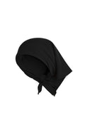 Angled flat view of Monday Headscarf in black showcasing tied corner knot and soft rayon drape on white background