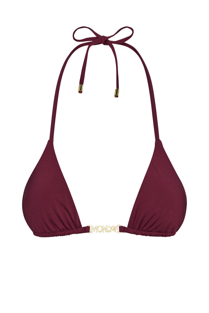 Front view of Monday Top triangle bikini top in fig showing gold MONDAY center hardware and adjustable tie neck on white background