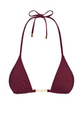 Front view of Monday Top triangle bikini top in fig showing gold MONDAY center hardware and adjustable tie neck on white background