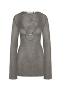 Front view of Montego Mini Dress in steel knit showcasing scoop neckline with ring cutout and long sleeves on white
